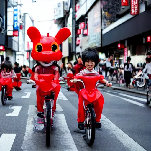 Image similar to tiny cute red dragons riding a bike in the streets of tokyo