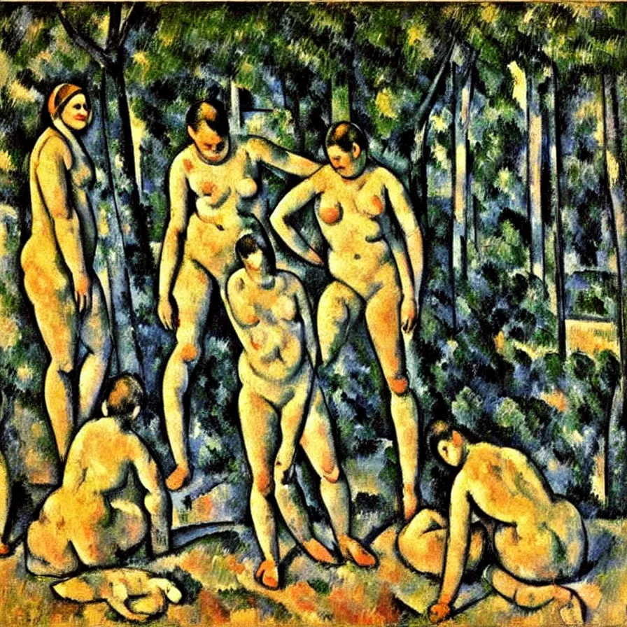 Image similar to the bathers with kangaroo. a oil painting by paul cezanne