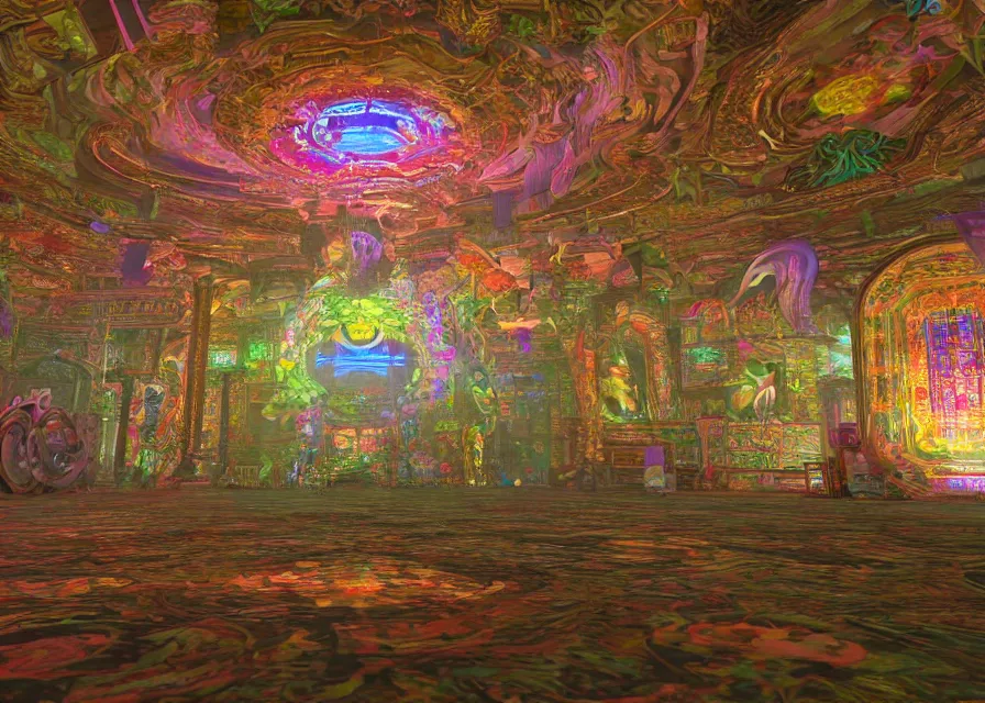 Prompt: interior of an LSD temple, playstation videogame render, 4k, artstation