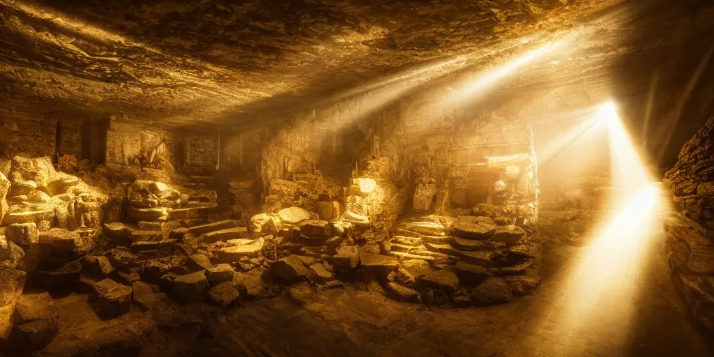 Prompt: gods basement filled with treasures and gold coins, divine, shinig rays of light, 8 k photography, cinematic light, award winning