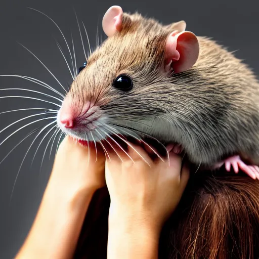 Prompt: a photograph of a rat sitting on the head of a beautiful woman