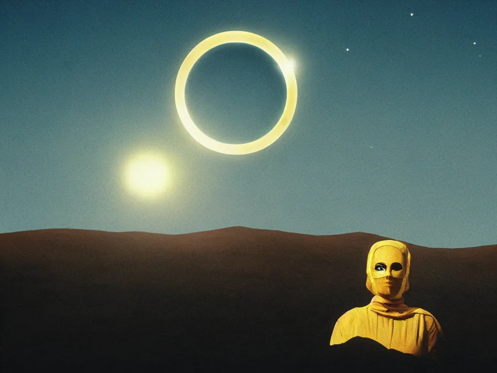 Prompt: glowing bene gesserit in full - face golden glowing mask in a black rocky desert landscape with a giant solar eclipse in the sky by christopher doyle and alejandro jodorowsky, anamorphic lens, kodakchrome, cinematic composition, very detailed photo, 8 k,