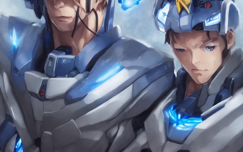 Image similar to A realistic anime portrait of a man in a Gundam suit with glowing blue eyes, digital painting, by Stanley Artgerm Lau, Sakimichan, WLOP and Rossdraws, digtial painting, trending on ArtStation, SFW version