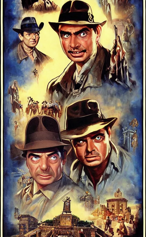 Image similar to raiders of the lost ark, featuring mr. bean, movie poster in the style of richard amsel & drew struzan