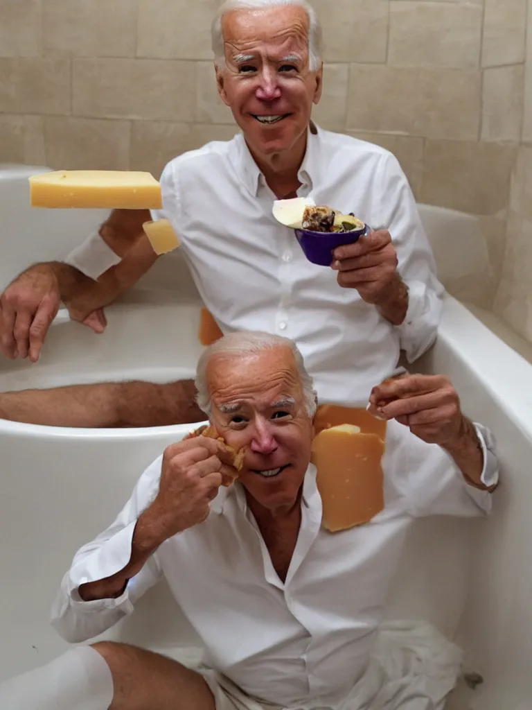 Prompt: Joe Biden eating cheese in a bathtub