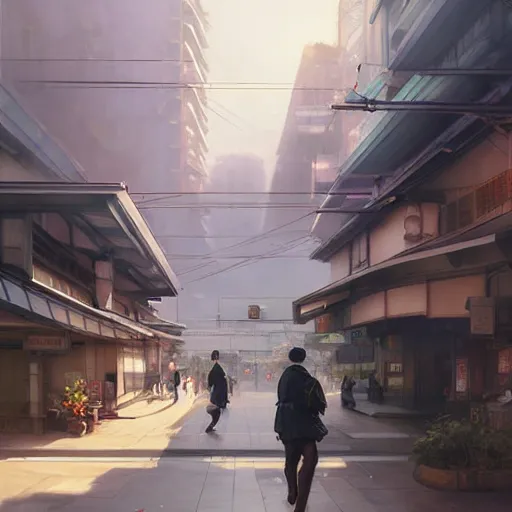 Image similar to i walked through streets around jr tachikawa and tama monorail stations, volumetric lighting, spring early morning, dew, nice weather, realistic illustration, perfectly shaded, soft painting, art by krenz cushart and wenjun lin