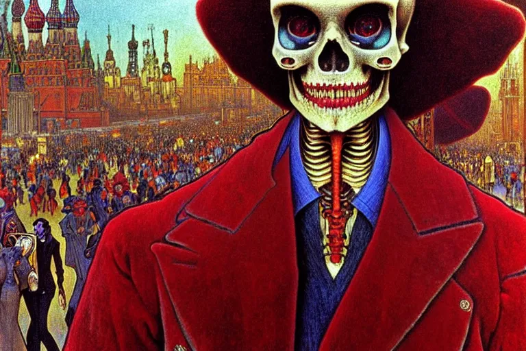 Image similar to realistic detailed closeup portrait painting of a single skeleton wearing red velvet blazer in a crowded futuristic moscow street by Jean Delville, Amano, Yves Tanguy, Alphonse Mucha, Ernst Haeckel, Edward Robert Hughes, Roger Dean, rich moody colours, blue eyes