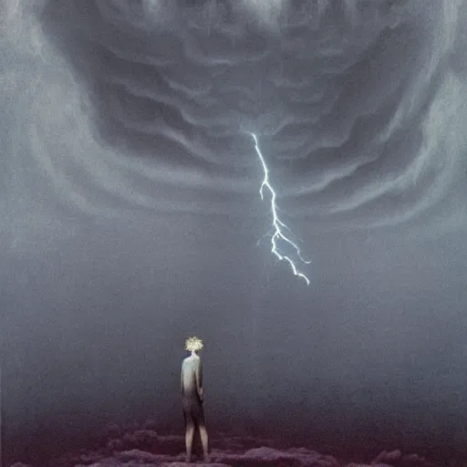 Image similar to killua zoldyck made by zdzisław beksinski, thunderstorm, 8 k, detailed, cinematic, rain, crying, black