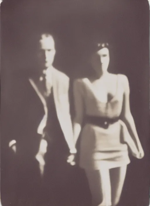 Image similar to an interracial couple holding hands, flash polaroid photo by george hurrell, hazy light rays