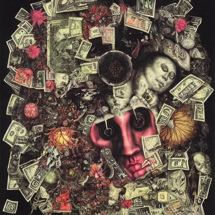 Image similar to post - punk new age album cover, asymmetrical design, dollar bank notes, capitalism, magic, apocalypse, psychedelic, black white pink, highly detailed, magic, giger h. r., giuseppe arcimboldo