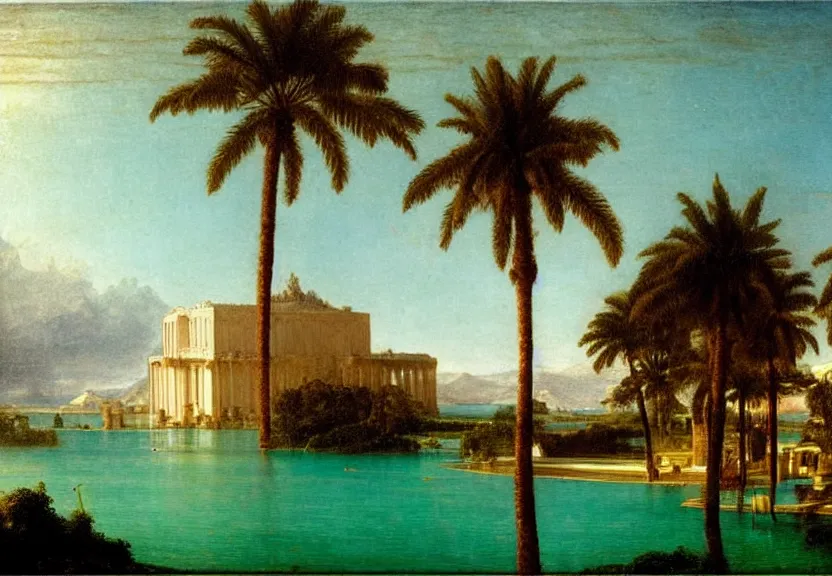 Image similar to Palace floating in the sky, 1km tall, thunderstorm, greek pool, beach and palm trees on the background major arcana sky, by paul delaroche, hyperrealistic 4k uhd, award-winning very detailed