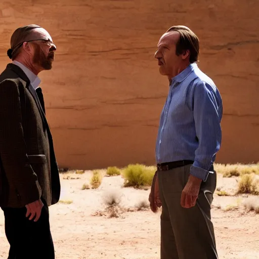 Prompt: Walter White & saul goodman arguing, realistic, 8k resolution, hyperdetailed, highly detailed, real life, studio lighting, high quality, dramatic shot,