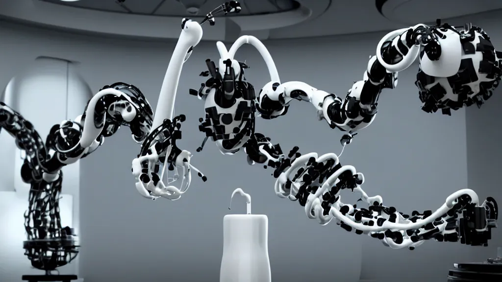 Image similar to a complex bifurcated robotic cnc surgical arm hybrid mri 3 d printer machine making swirling black and white ceramic mandlebulb mutant forms in the laboratory inspection room, film still from the movie directed by denis villeneuve with art direction by salvador dali, wide lens, f 3 2, cinematic lighting, studio quality, smooth render, unreal engine 5 rendered, octane rendered