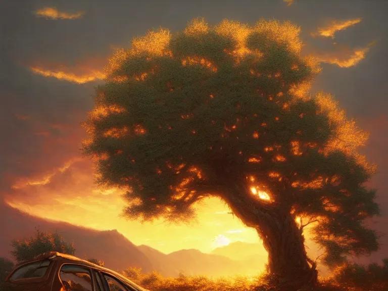Prompt: close up of a oak tree growing inside a scrap car. overgrown. a soft golden red sunset over the mountains in the background. clouds. hyperrealistic, highly detailed, cinematic, beautiful, cgsociety, artstation, 8 k, oil painting by greg rutkowski, by artgerm, by wlop