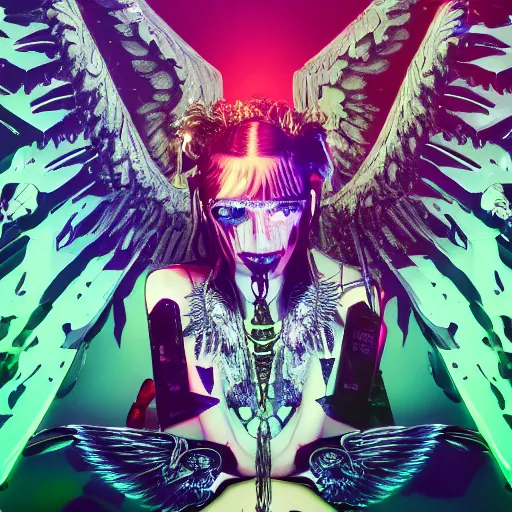 Image similar to a highly detailed symmetric wide shot of Grimes as a fallen angel, sitting in a large glittery hell simulation with skulls and neon computer code, trending on artstationHD