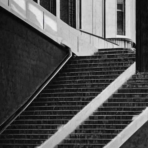 Prompt: black and white press photograph, highly detailed space of purpendicular stairs going in multiple ways, detailed textures, natural light, mist, architecture photography, film grain, soft vignette, sigma 8 5 mm f / 1. 4 1 / 1 0 sec shutter, darren aronofsky film still promotional image, imax 7 0 mm footage