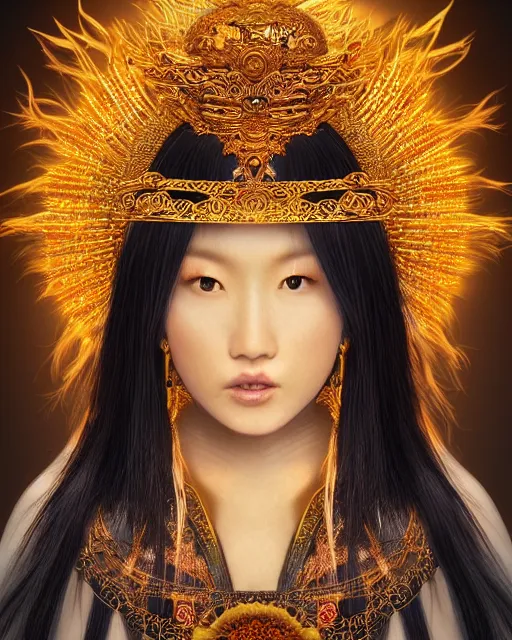 Image similar to hyper realistic portrait photo of beautiful ameterasu the sun goddess of japan, japanese model, portrait shot, intricate detail, glittering sun rays