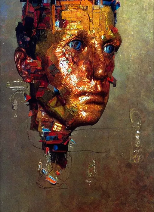 Image similar to a sculpture portrait made of material and electronic and molecules and atoms, painting part by wojciech siudmak, part by ilya repin, part by max ernst, part by norman rockwell, artstation