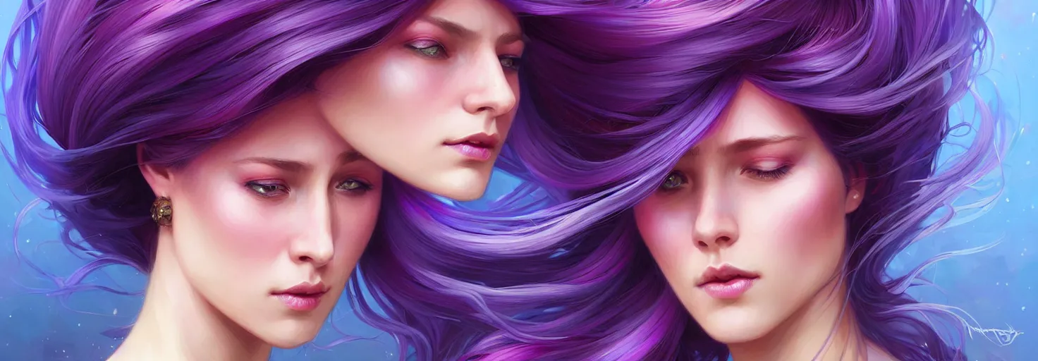 Image similar to Portrait of a woman with bright colored flying hair, all shades of purple. Hair coloring, amber eyes, face, long hair, fantasy, intricate, elegant, highly detailed, digital painting, artstation, concept art, smooth, sharp focus, illustration, art by artgerm and greg rutkowski and alphonse mucha