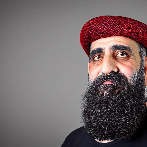 Image similar to professional portrait of a middle aged arab man with a beard wearing military camouflage and a beret, rainbow background, 8 k, very intricate, very detailed,