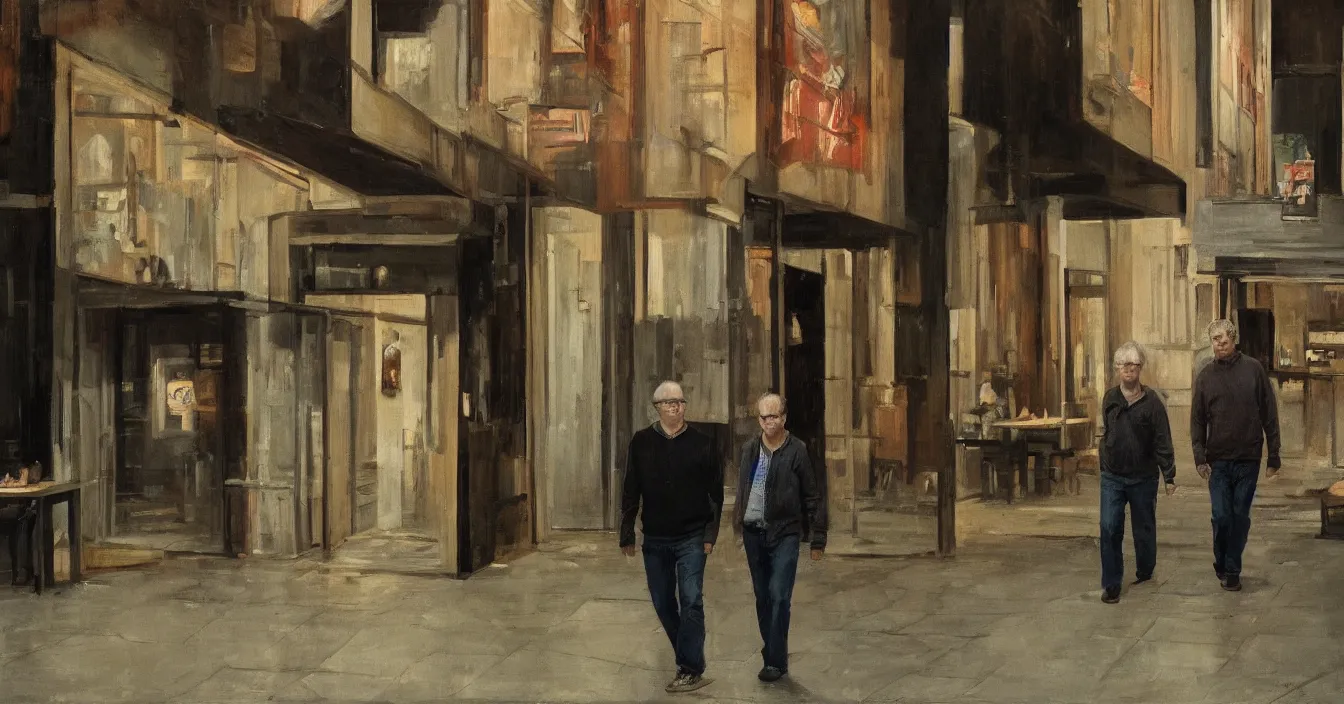 Image similar to todd solondz, high quality high detail image of todd solondz walking with a friend in an empty caffe bar in tel aviv street, clear sharp face of todd solondz, night, by lucian freud and gregory crewdson and francis bacon, hd, photorealistic lighting