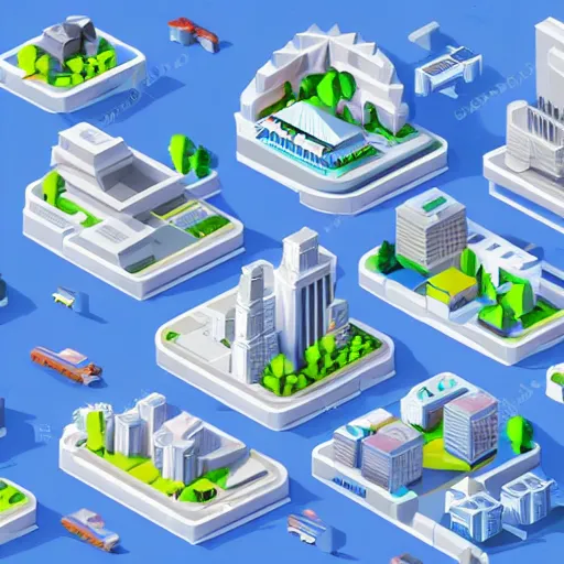 Image similar to isometric low poly city landscape of a lush and bright futuristic city, full of white buildings and futuristic cars, bright blue sky