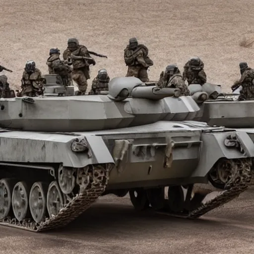 Prompt: Gruesome photo of British mercenaries wearing grey body armor retreating from a tank, photo by Adam Ferguson, Pulitzer Winning, cinematic composition, breathtaking, modern, 2022