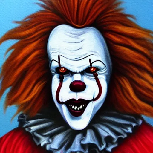 Prompt: Painting of dirty homeless Pennywise in scrappy clothing, by James Earley