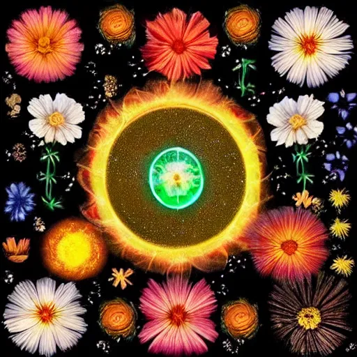 Prompt: flower, cosmos, fire, mirror, electric