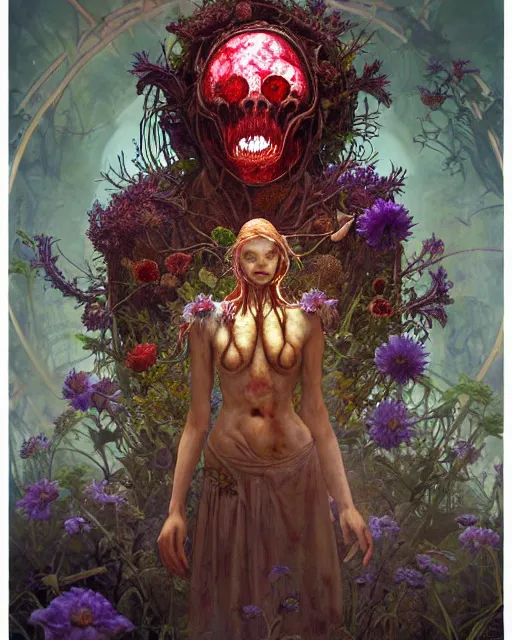 Prompt: the platonic ideal of flowers, rotting, insects and praying of cletus kasady carnage davinci dementor chtulu mandala ponyo dinotopia bioshock the witcher, fantasy, ego death, decay, dmt, psilocybin, concept art by randy vargas and greg rutkowski and ruan jia and alphonse mucha