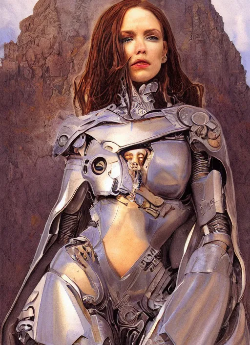 Image similar to portrait of a diabolical beautiful female cyborg girl, cloak cape, adaptive armor, dynamic pose, heavy eyes to the side, ancient ruins, glowing veins subsurface scattering, in clouds, sunset, portrait, by gerald brom, by mikhail vrubel, by peter elson, muted colors, extreme detail, reflections, trending on artstation, 8 k