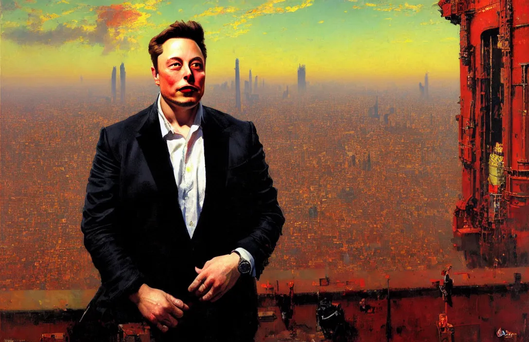 Image similar to portrait of elon musk!!!!!!!!!!!!!!!!!!!!!!!!!!!, detailed face, detailed painting, detailed city background, epic lighting, by ilya repin and phil hale