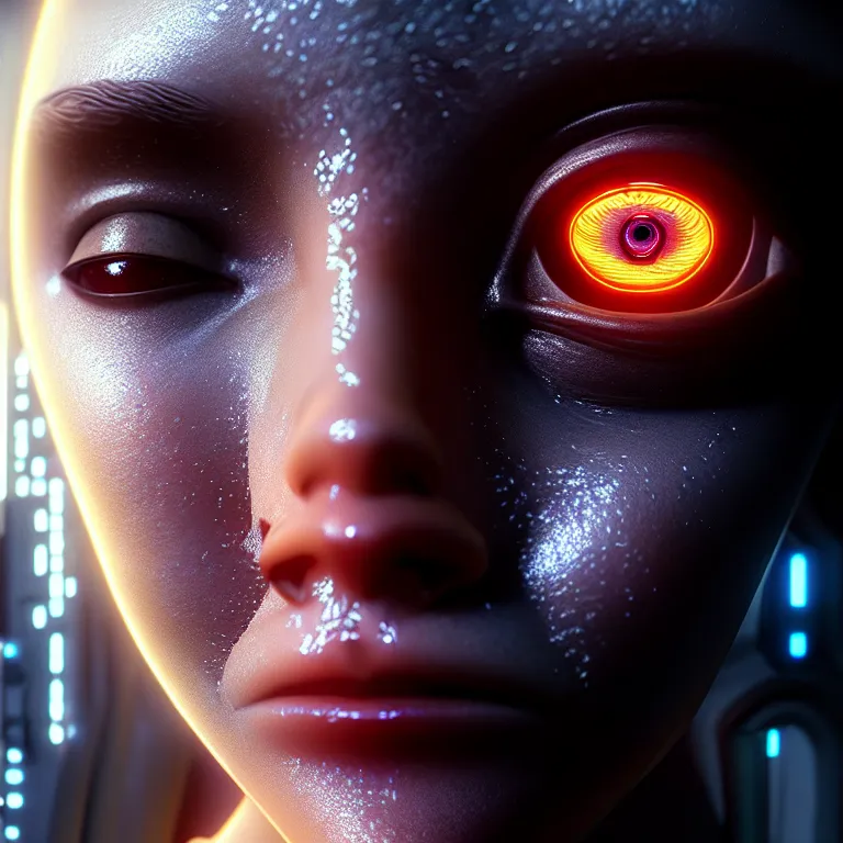 Prompt: ultra realistic beautiful cyborg deity eyes closed, scifi, cyberpunk, fantasy, intricate details, movie still, highly detailed, photorealistic, octane render, eerie, 8k, art by artgerm and michael welan