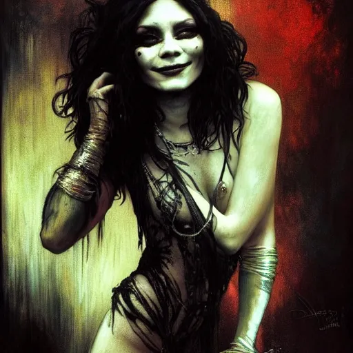 Image similar to beautiful portrait of vanessa hudgens as death from sandman, smiling, by cedric peyravernay, alphonse mucha, by jeremy mann, by lecouffe deharme, goth chic, soft lightning, eyeliner, punk rock, high detailed, 8 k