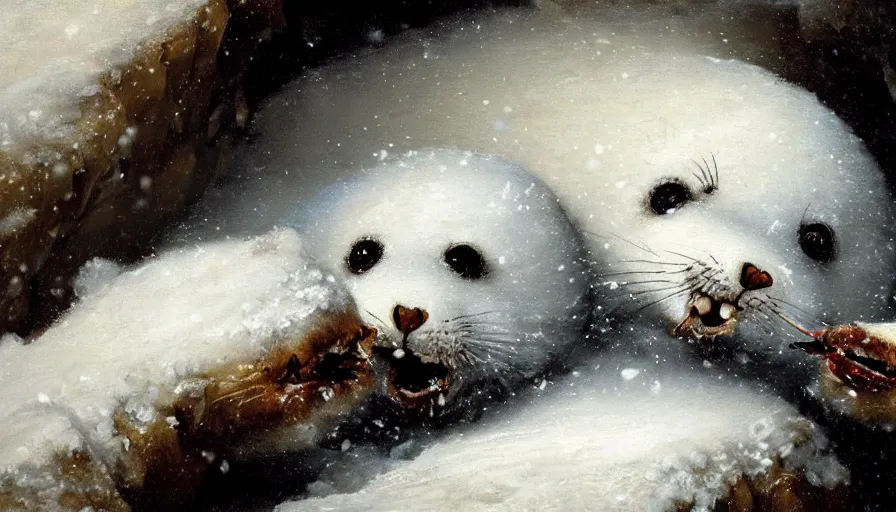 Image similar to highly detailed closeup painting of cute furry white baby seals eating fish inside a snowy fantasy ice crystal cavern by william turner, by greg rutkowski, by william constable, thick brush strokes and visible paint layers, 4 k resolution