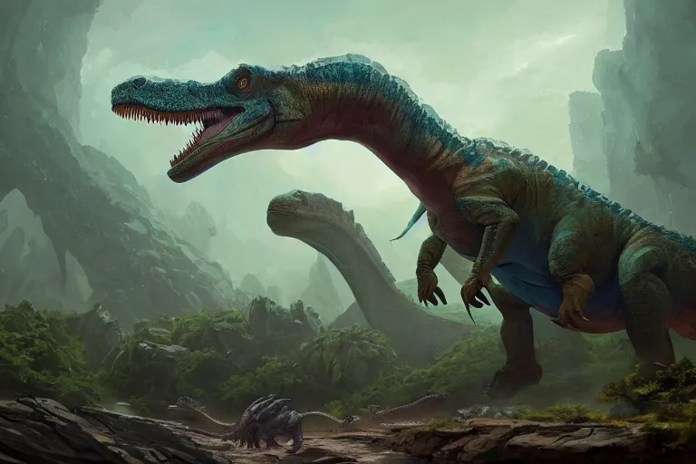 Image similar to barney the dinosaur in a prehistoric landscape, surrounded by larger predatory dinosaurs, tyrannosaurus, danger, fantasy art, greg rutkowski, concept art, highly detailed, artstation, artgerm, behance, cgsociety, natural history