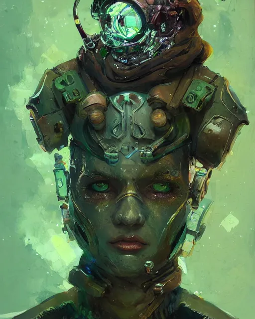 Prompt: character design, cyborg spellcaster, green robes, pen and ink, oil painting portrait, colorful, style by ian mcque, craig mullins, emil melmoth, + in style of charlie bowater, peter mohrbacher, marc simonetti, trending on artstation cgsociety, cinematic 8 k