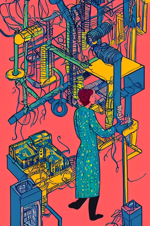 Image similar to portrait of an engineer woman fixing the samsara core cluster, fine portrait, concept art, in the style of brecht evens