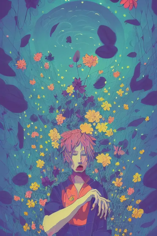 Image similar to night sky full of flowers, cyberpunk art, floating detailes, leaves by miyazaki, colorful palette illustration, kenneth blom, mental alchemy, james jean, pablo amaringo, naudline pierre, contemporary art, hyper detailed