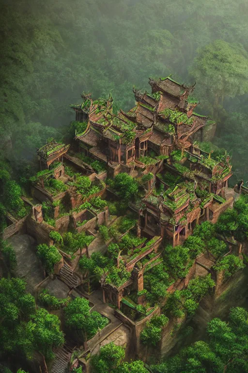 Image similar to giant ancient chinese castle in an forest with some ivy plants on the walls, by zhang zeduan, qiu ying, tang yin, cinematic, epic, dramatic lighting from above, dark, vines, fantasy, dust, unreal engine, octane, highly detailed, concept art, dark, super realistic