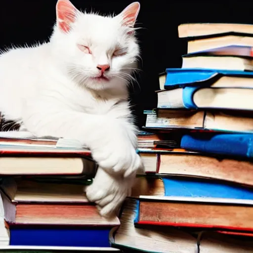 Prompt: a beautiful white cat sleeping on a pile of colorful books