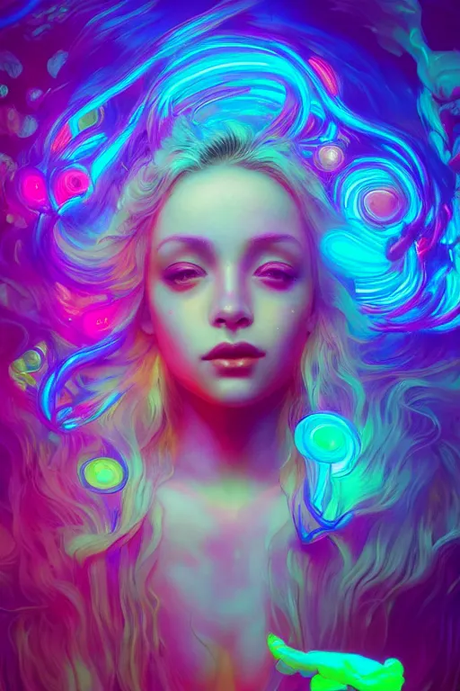 Prompt: a gorgeous girl engulfed in colorful liquid clouds and neon smoke, extremely psychedelic experience, psilocybin, dmt, lsd face, highly detailed, artstation, concept art, blue background, digital art by hana yata, and artem demura and beeple, alphonse mucha, octane render, unreal engine, 8 k