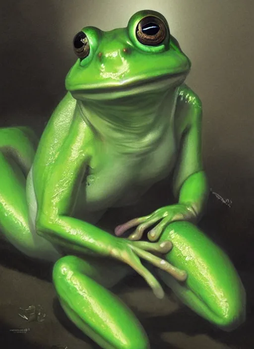 Image similar to hyper realistic portrait of my ethereal waifu cute innocent green slimy alien female froggy lady, played by ana de armas, with adorable uwu eyes painted by greg rutkowski, wlop, 7 0 s scifi