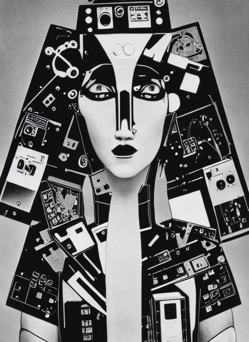 Image similar to Portrait of a punk goth fashion fractal cosmonaut girl with a television head wearing kimono made of circuits and leds, surreal photography by Man Ray