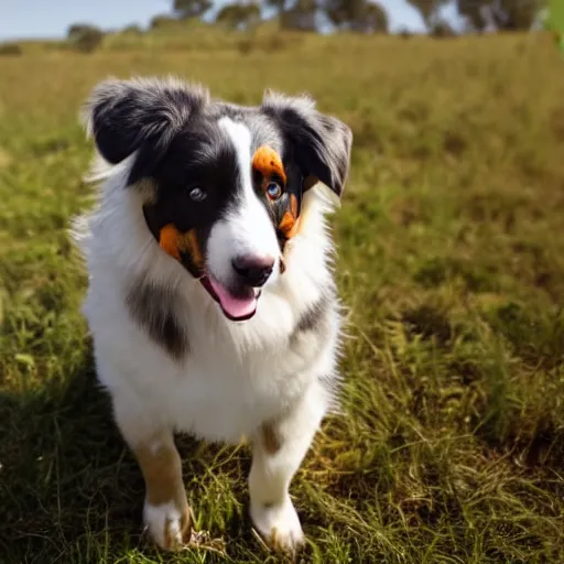 Image similar to australian shepherd with one eyepatch in a field on a sunny day