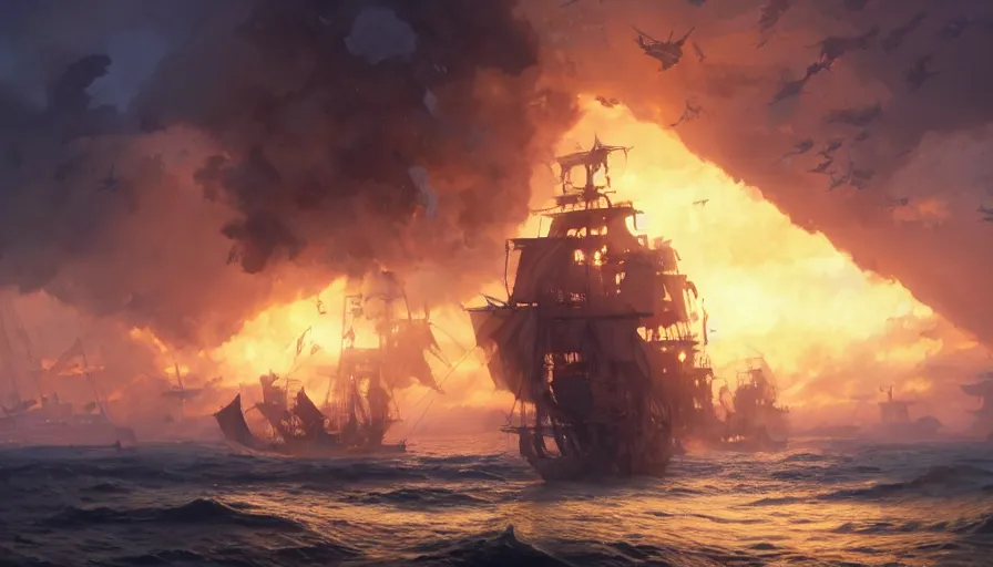 Image similar to A highly detailed matte painting of pirate ship battle in the ocean, pirate ship on fire, huge fire smoke and explosions, by Studio Ghibli, Makoto Shinkai, by Greg Rutkowski, by Artgerm, by beeple, volumetric lighting, octane render, 4K resolution, trending on artstation, masterpiece