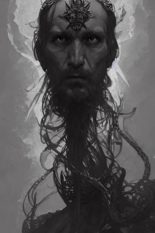 Image similar to A full portrait of a beautiful terrible powerful blind meat priest, intricate, elegant, highly detailed, digital painting, artstation, concept art, smooth, sharp focus, illustration, art by Krenz Cushart and Artem Demura and alphonse mucha