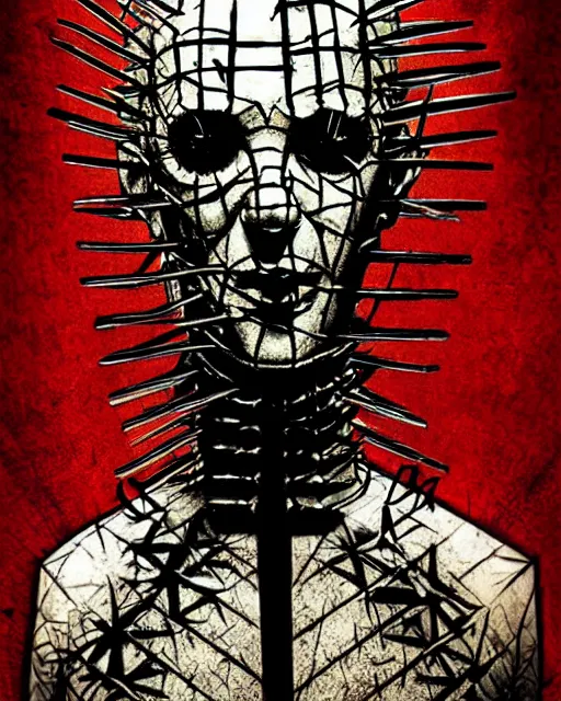 Prompt: Hellraiser 80s movie poster style with some features by HR Giger