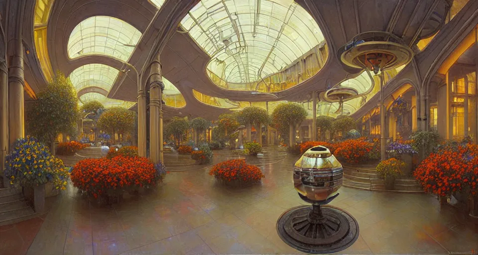 Image similar to a minimalist oil painting by donato giancola and james gurney vaulted ceilings, warm coloured, cinematic scifi luxurious futuristic foggy steam filled garden circular shopping mall interior with microscopy giant windows flowers growing out of pretty bulbous ceramic fountains, gigantic pillars and flowers, maschinen krieger, beeple, star trek, star wars