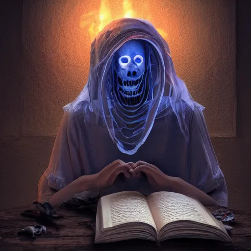 Image similar to a transparent human man ghost is reading a scary book that has come to life with sharp teeth and slimy tentacles emerging from the pages, photo, colorful, artstation, unreal engine, 8K, CGSociety, realistic materials, intricate details, photo-realistic, postprocessing, 4k ultra HD photograph